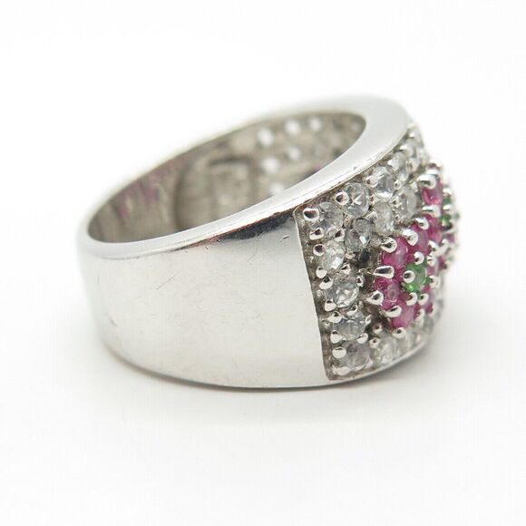 925 Sterling Silver Real White Topaz Peridot Gem & Pink Sapphire Ring Size 6 - Picture 4 of 8